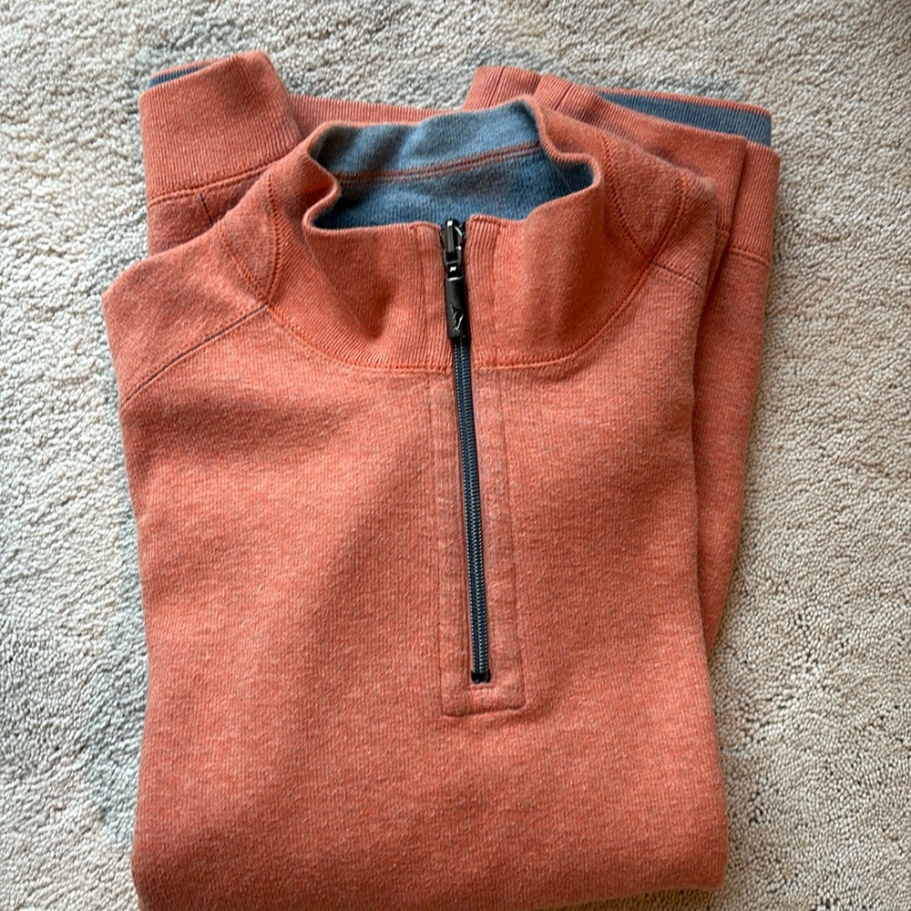 Tommy Bahama orange/gray 1/4 zip sweatshirt.